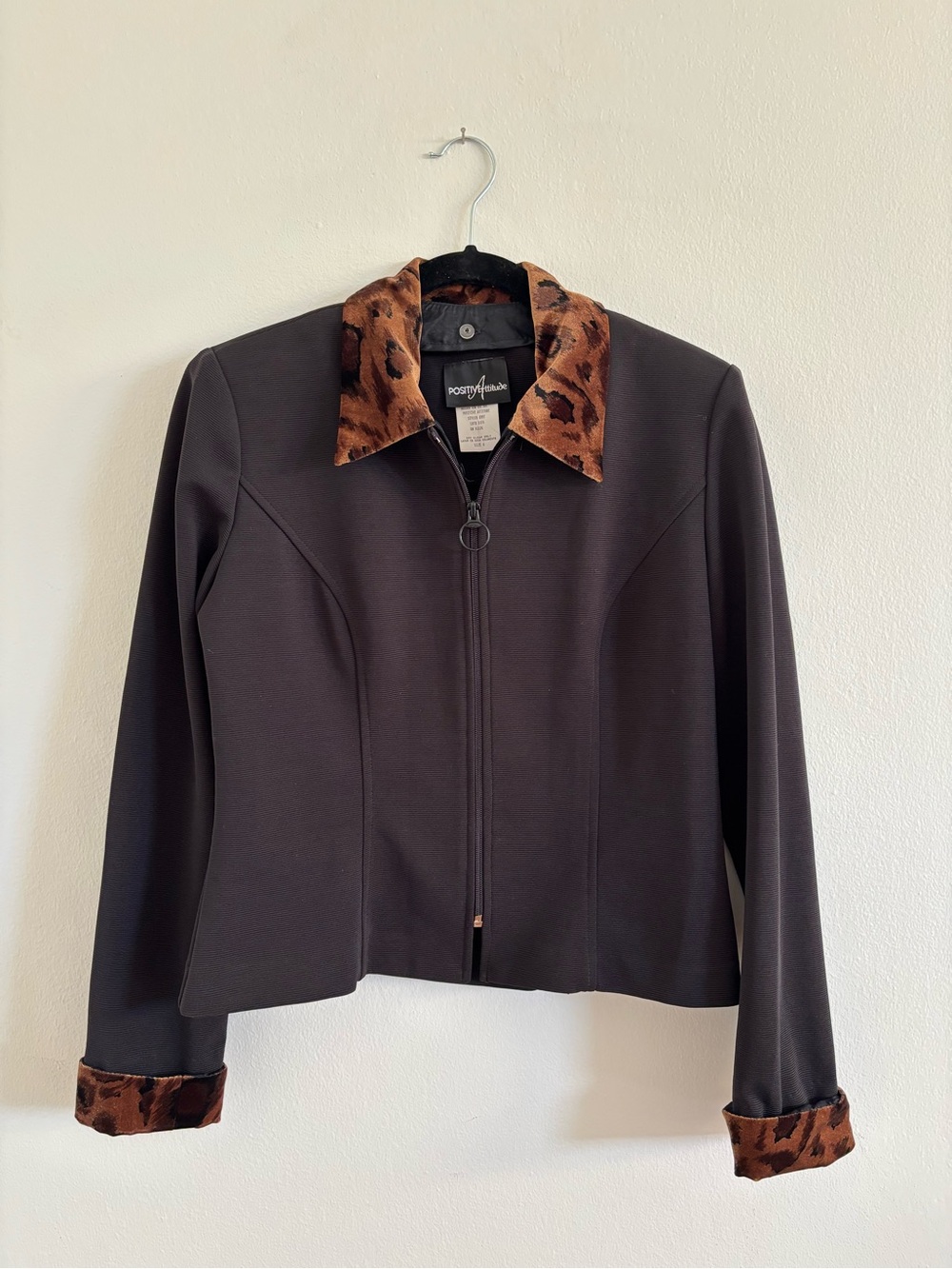 Vintage Black Microribbed Jacket with Leopard Trim